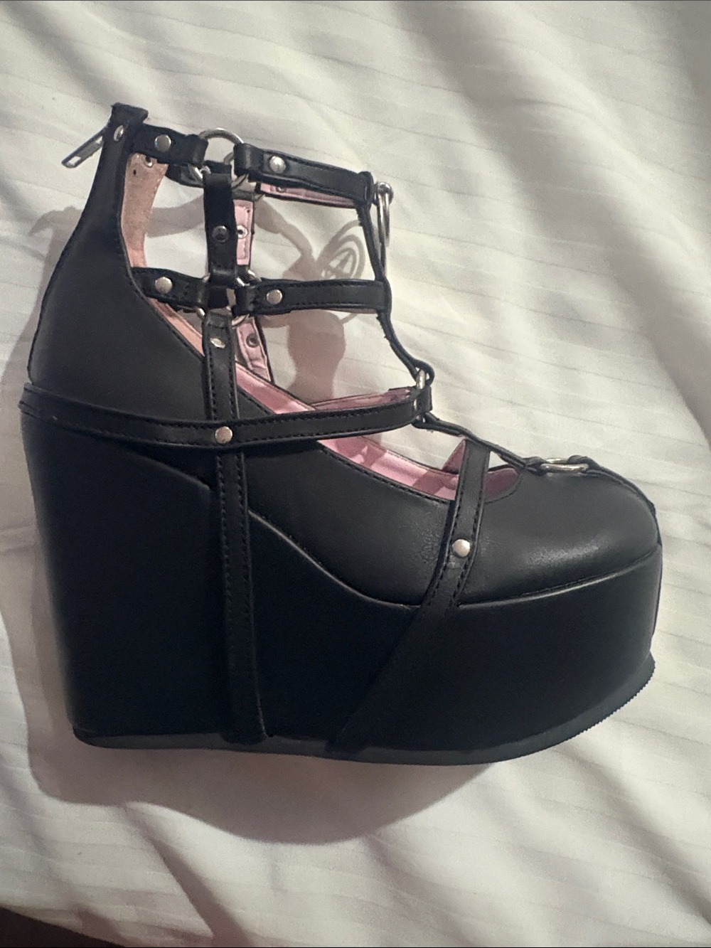 Demonia Black Strappy Platform Wedge Pumps